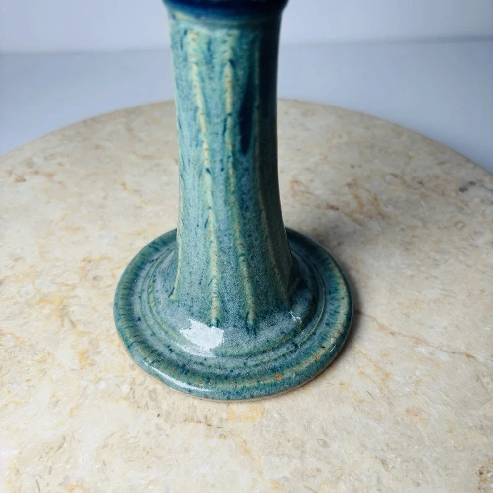 Handmade Pottery Candlestick Holder Blue Green Pillar Candles Goblet Style‎ Cup